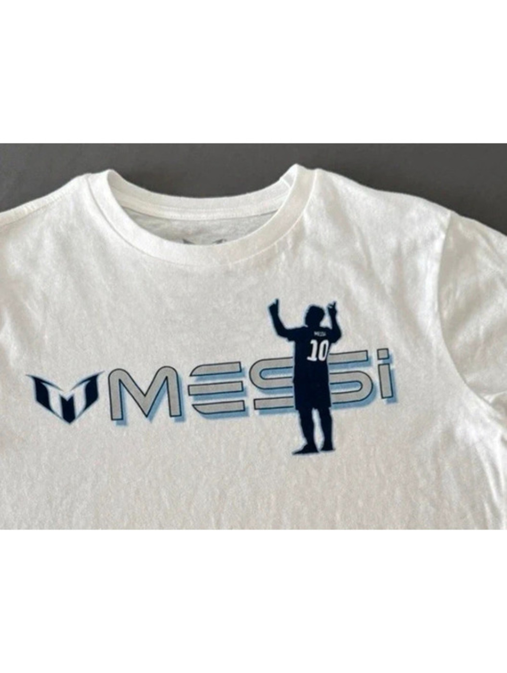 MESSI Youth Large White Graphic Soccer T-Shirt with Blue Logo